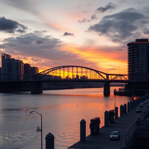 Granville Bridge spanning False Creek at sunset